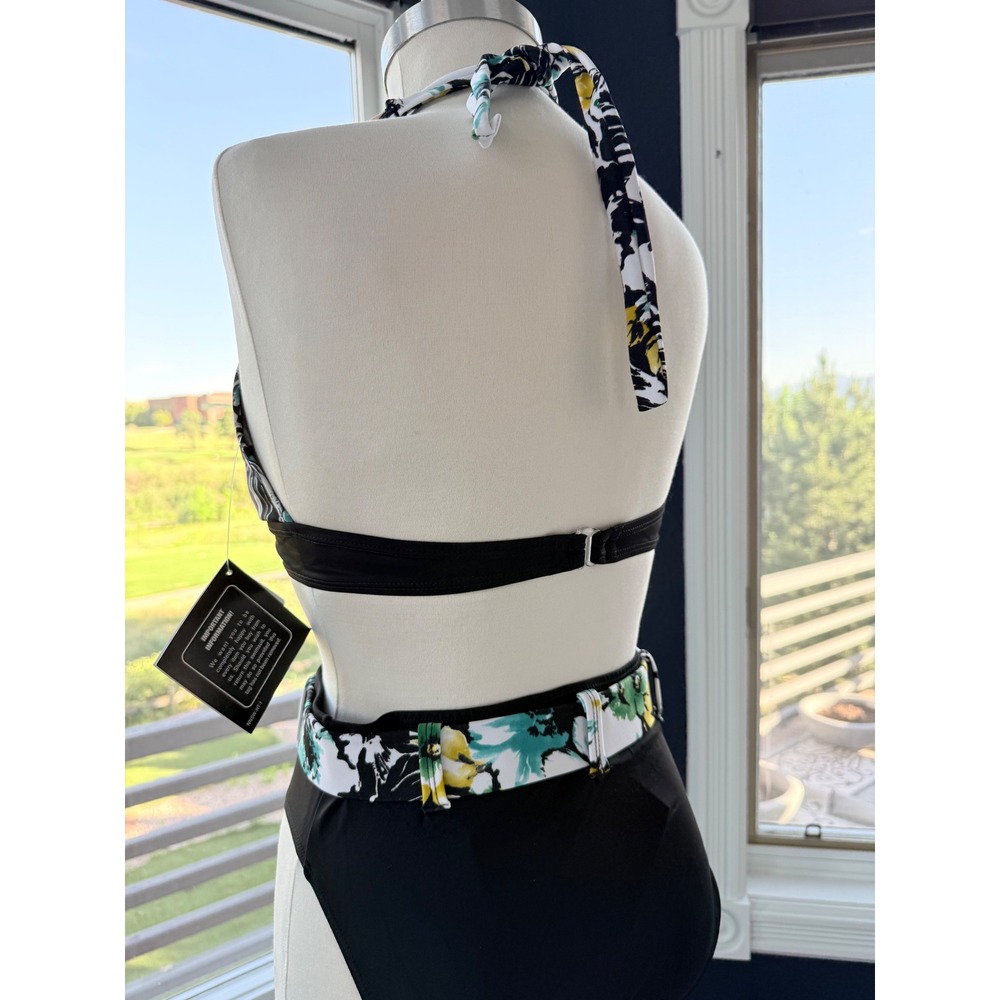 Newport News Swim Womens Floral Halter Bikini Set Belted High Waist Black 10 NEW - Picture 6 of 11